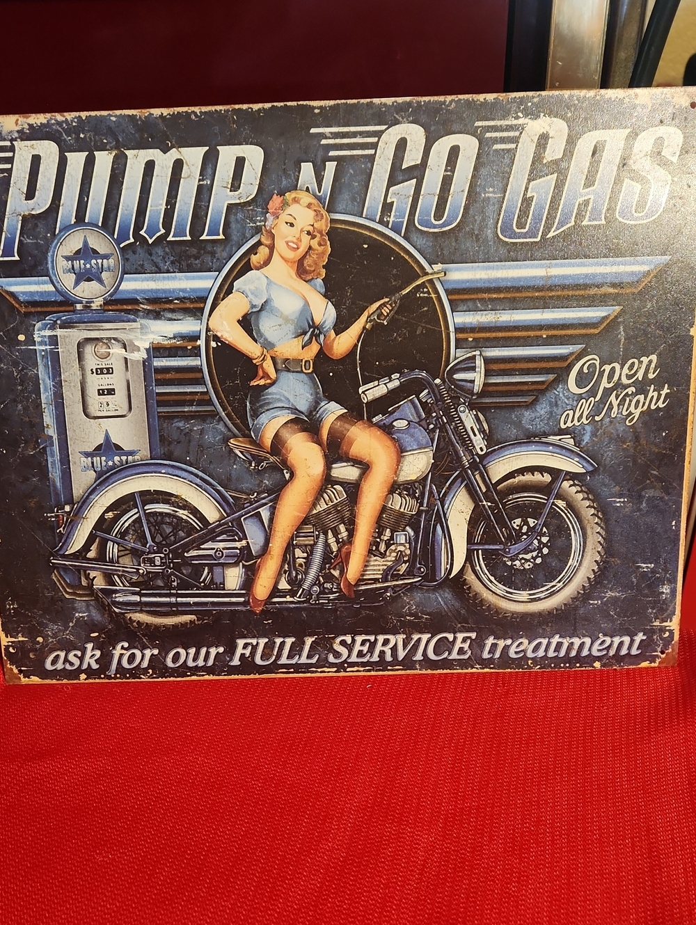 Retro Blue Pin-Up Motorcycle Wall Sign - Vintage Style Home Wall Decor